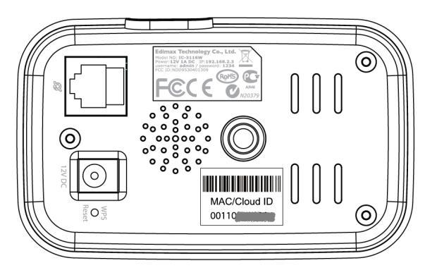 I-5. Etiqueta do produto A etiqueta do produto, localizada na parte de trás da câmara, mostra o endereço MAC, o ID da nuvem e o SSID de configuração da câmara de rede.