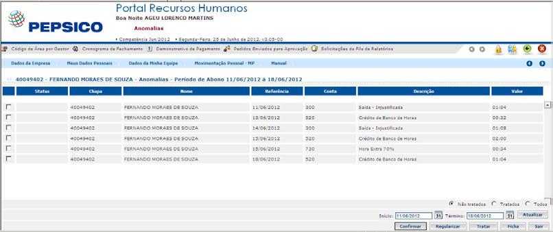 Abrirá a tela de Anomalias, constando somente informações do funcionário selecionado.