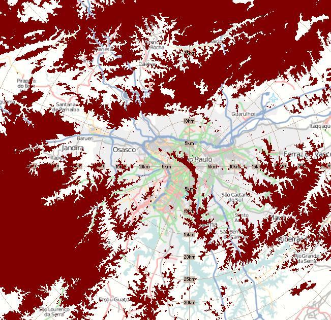 63 para reforçar o sinal nessa região. A Figura 33 mostra destacadas em marrom as regiões com mais de 800 metros de altitude.