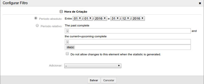 Na ultima etapa, restringir pelo campo da Data de Criação, conforme a imagem abaixo: Desmarcar o Do not allow changes to this element when the statistic