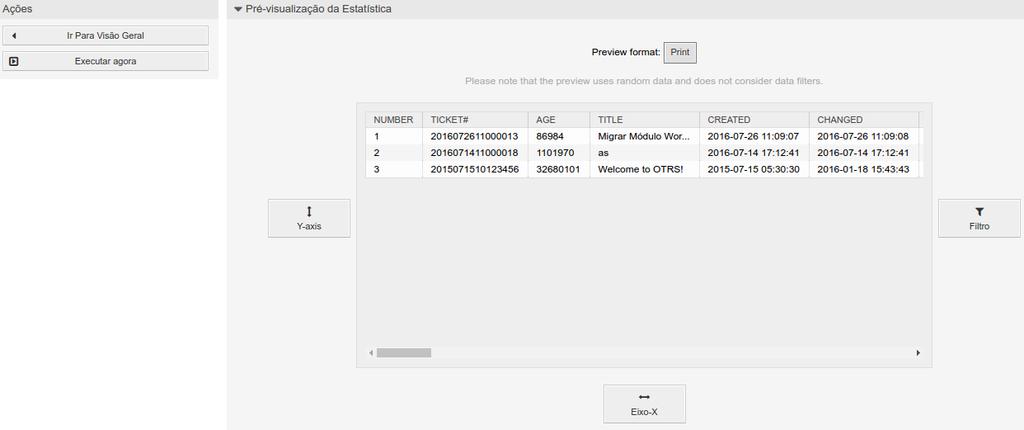 Gerando Relatórios Antes de aprender a criar um relatório, vamos gerar um que vem junto a instalação do OTRS. Para isso, na Visão Geral: Estatística, clicar na estatística número 10003.