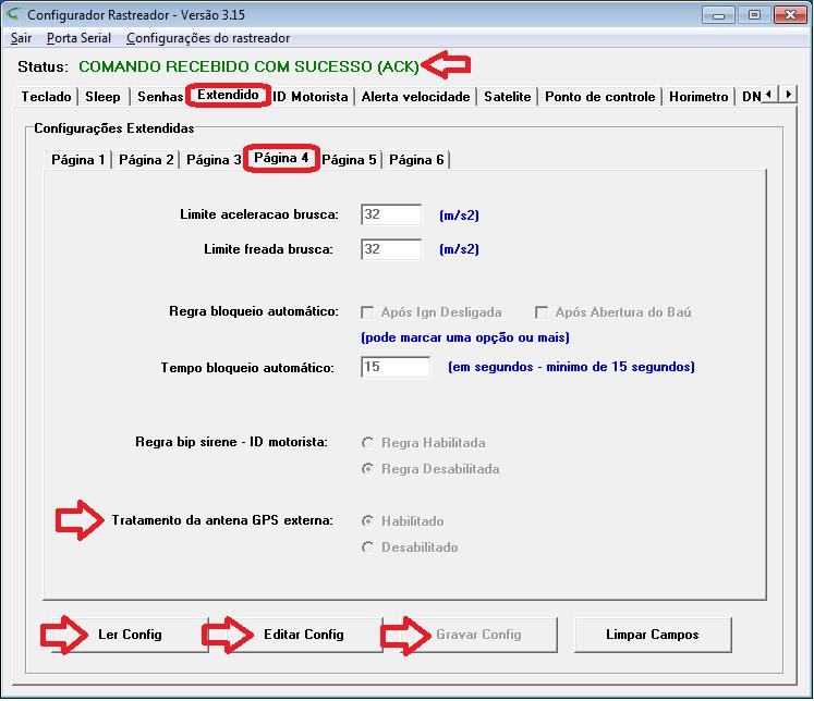 3. Violação de antena GPS. Selecione a aba extendido. Em configurações extendidas clique na aba página 4. Clique no botão ler config.