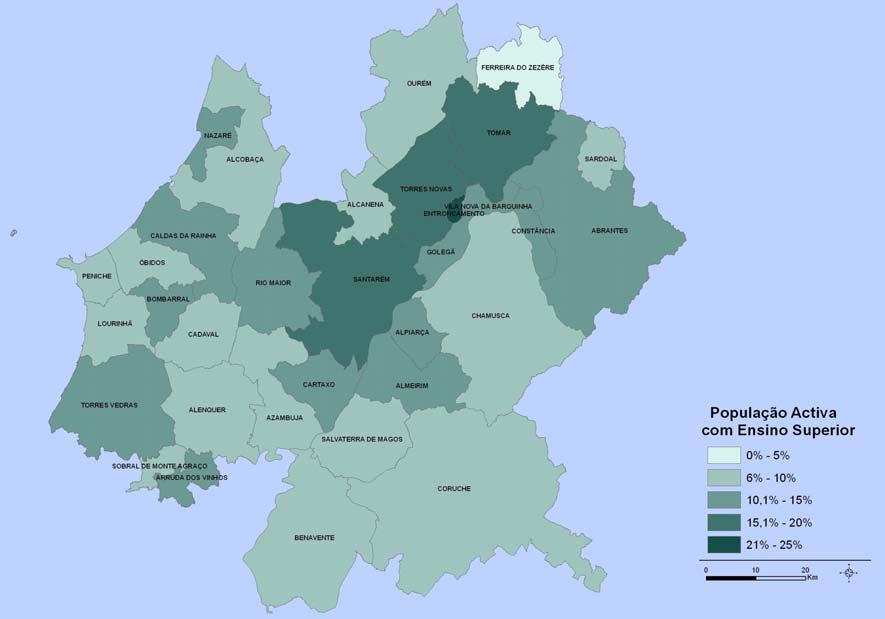 O nível de qualificação dos trabalhadores no Médio Tejo regista uma clara assimetria territorial, podendo mesmo dizer-se que existe uma oposição entre os concelhos setentrionais e rurais versus