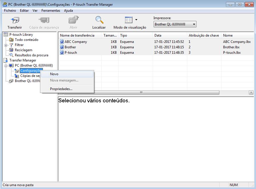 Como utilizar o P-touch Transfer Manager e a P-touch Library (apenas no Windows ) c Clique com o botão direito do rato na pasta [Configurações], selecione [Novo] e depois crie uma nova pasta.
