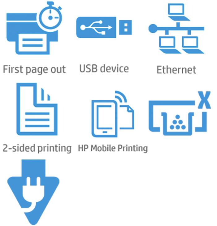 Rápida impressão frente e verso: 30 ipm Conetividade Gigabit Ethernet HP Auto-On/Auto-Off para um consumo energético reduzido Impressão com PIN através de USB opcional Bandeja para 550 folhas