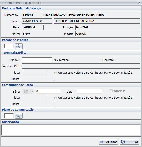 Ordem Serviço de Reinstalação Oficina o Ordem Serviço Equipamento O Sistema só vai permitir vincular Terminal ou computador que não estão em nenhum equipamento ativo.