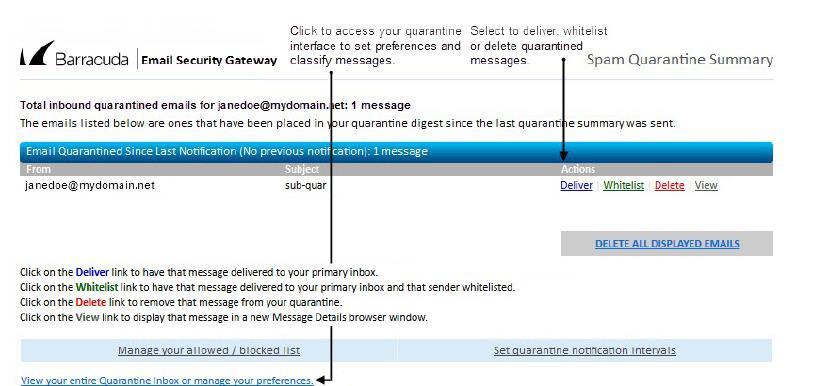 RELATÓRIO RESUMIDO DE QUARENTENA O Barracuda AntiSpam envia um relatório diário de resumo da quarentena para que você possa ver as mensagens que não recebeu devido possibilidade de SPAM.