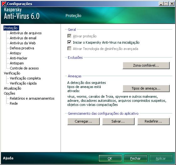 CONFIGURAÇÃO DAS CONFIGURAÇÕES DO APLICATIVO A janela das configurações do aplicativo é usada para acesso rápido às configurações principais do Kaspersky Anti- Virus 6.0.