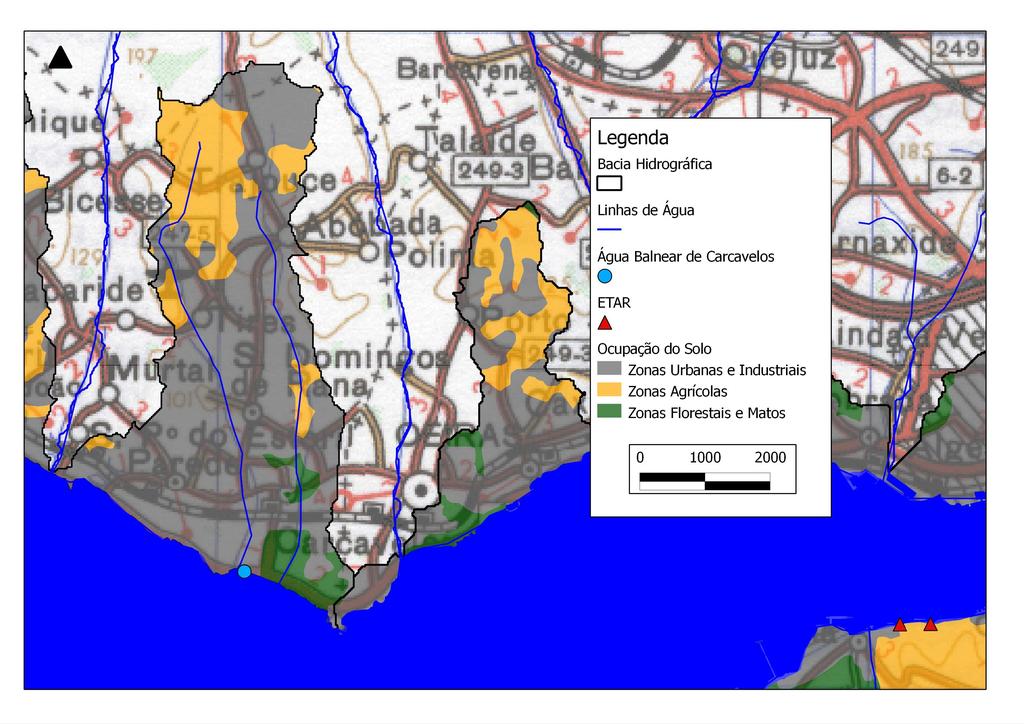 Descrição da Bacia de Drenagem A bacia drenante da água balnear de Carcavelos é constituída pelas bacias das Ribeiras de Marianas e Sassoeiros, que no seu conjunto drenam uma área de aproximadamente