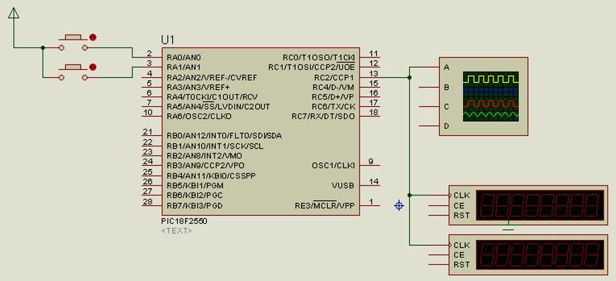 PWM Esquemático - PIC Monte o circuito no Proteus usando o PIC 18F2550 e um