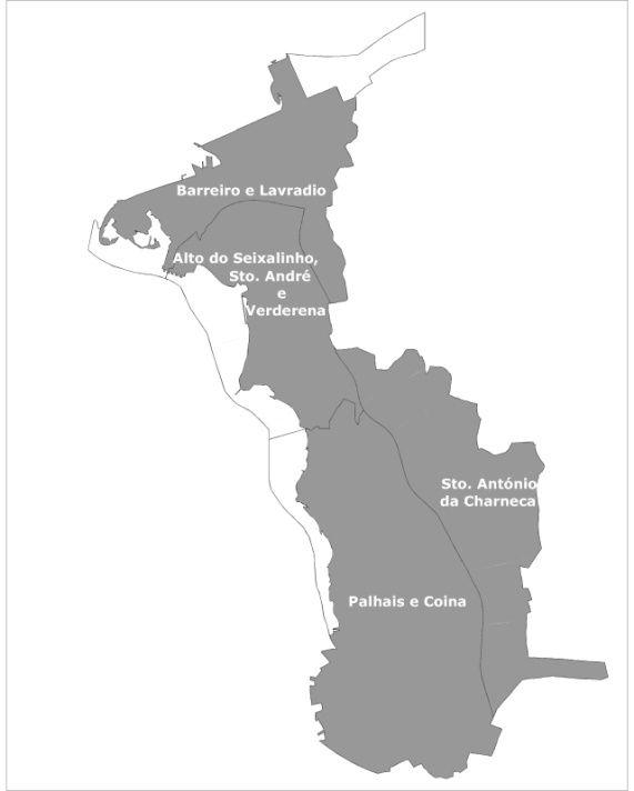 Conforme se pode verificar na figura 1, geograficamente o concelho do Barreiro faz fronteira com os concelhos da Moita (a este), de Palmela (a sudeste), do Seixal (a sudoeste, separado pelo Rio Coina