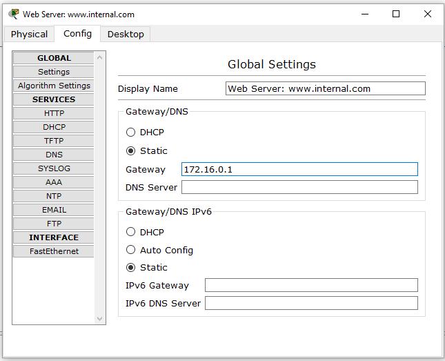 Aplicação: DHCP, DNS, and HTTP Configuring the www.internal.com Web Server Add a server.