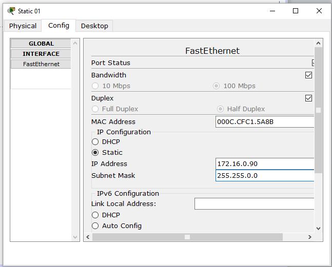 Configure One Client Computers using Static IP Addressing FastEthernet: Be sure the configuration is set