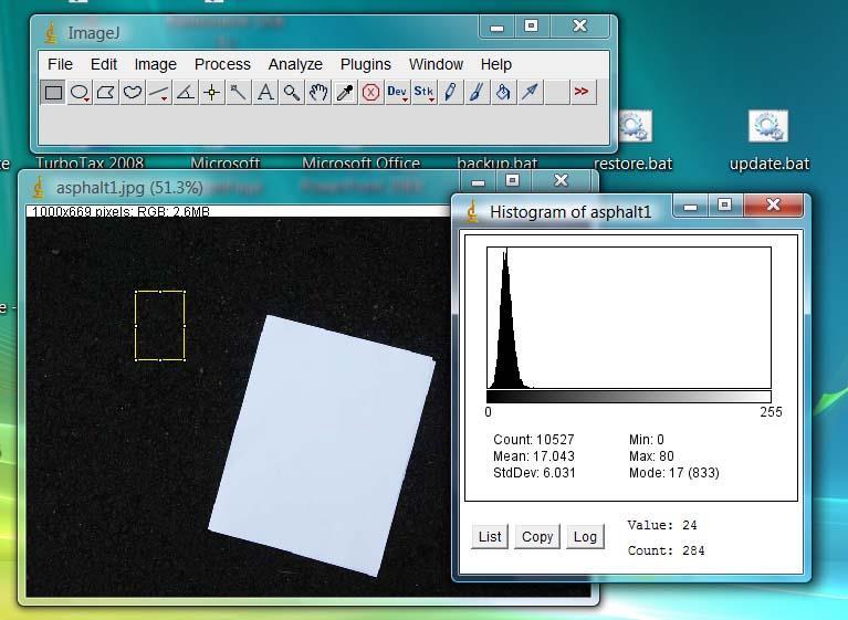 Figura 3. Exemplo de uso do histograma do ImageJ e. Feche a janela do histograma e selecione um retângulo sobre o papel sulfite.