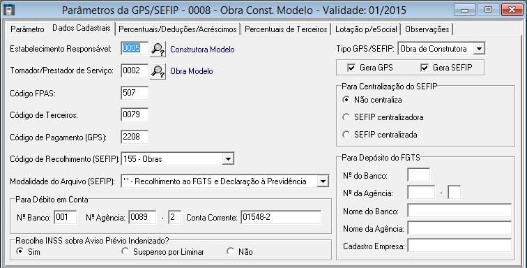 Para vincular um cliente, acesse: > Menu: Arquivo/Tabelas Diversas/Tabelas para Cálculo da GPS/SEFIP/Parâmetros da GPS/SEFIP.