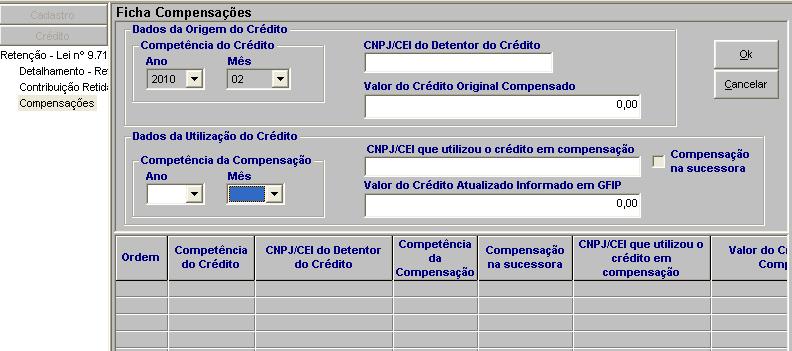 Os dados inseridos serão colocados na grade constante da ficha, ordenados pela Coluna CNPJ/CEI que sofreu a retenção, em ordem crescente, e, secundariamente, pelas Colunas CNPJ do Tomador e Data de