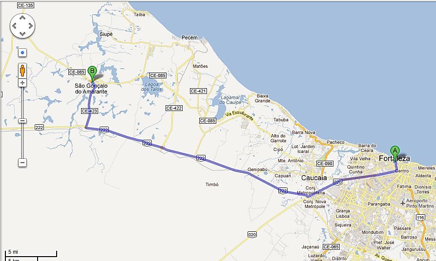 Figura 3 - Detalhe das Vias de acesso a São Gonçalo do AmaranteB) a partir de Fortaleza A). Fonte: Google Maps.