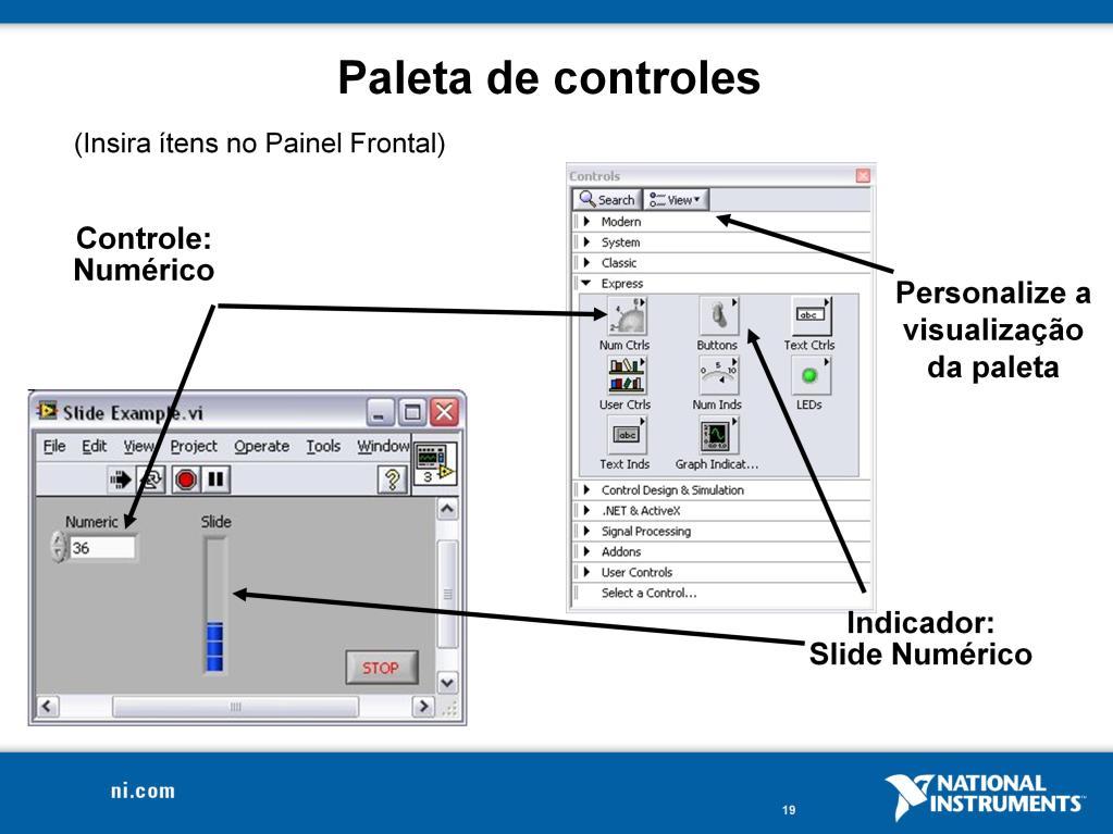 Use a paleta de Controles para inserir controles e indicadores no painel frontal. A paleta de Controles está disponível apenas no painel frontal.