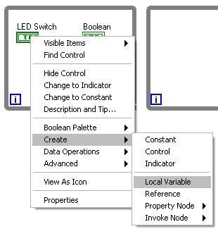 No diagrama de blocos, coloque dois loops While e crie um botão Stop clicando com o botão direito do mouse na condição de saída e selecionando