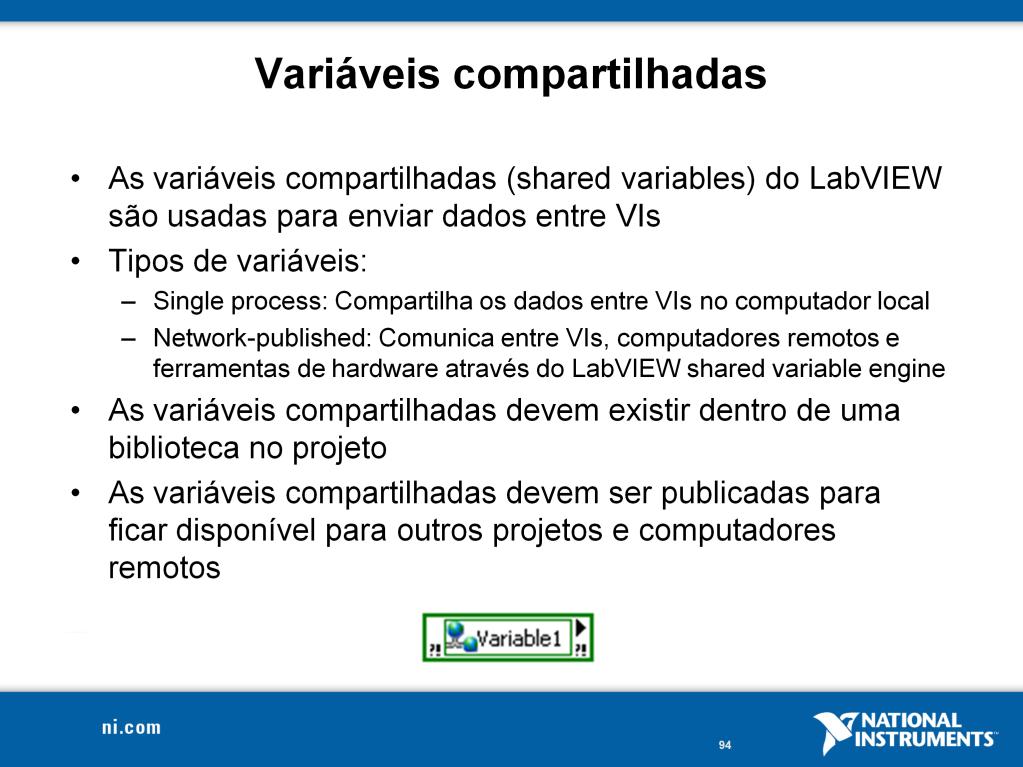 Shared variables são usadas para compartilhar dados entre VIs ou entre lugares em uma aplicação que não podem ser conectados com fios.
