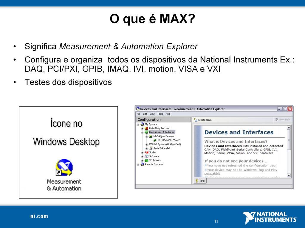 O próximo nível em software é chamado de Measurement & Automation Explorer (MAX). MAX é uma interface de software que fornece acesso a todos os dispositivos da National Instruments.