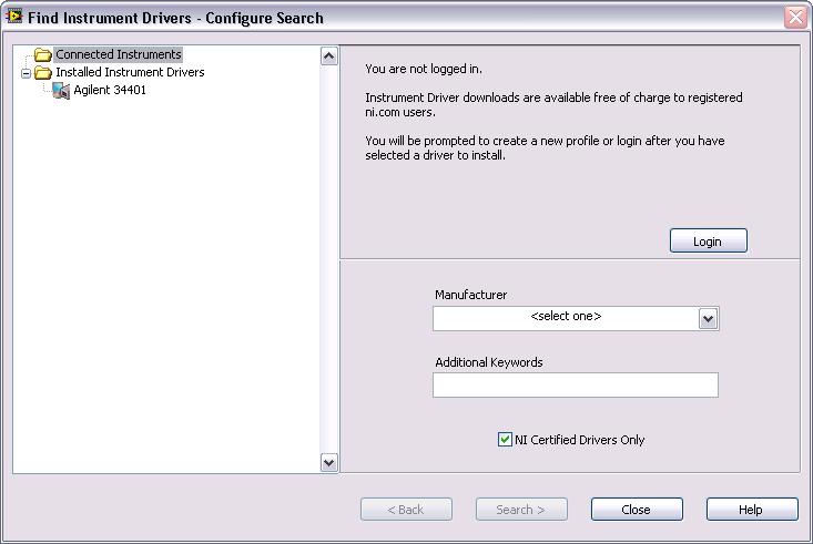 Pode-se encontrar a maioria dos drivers de instrumento usando o Instrument Driver Finder integrado ao LabVIEW, que pode ser acessado
