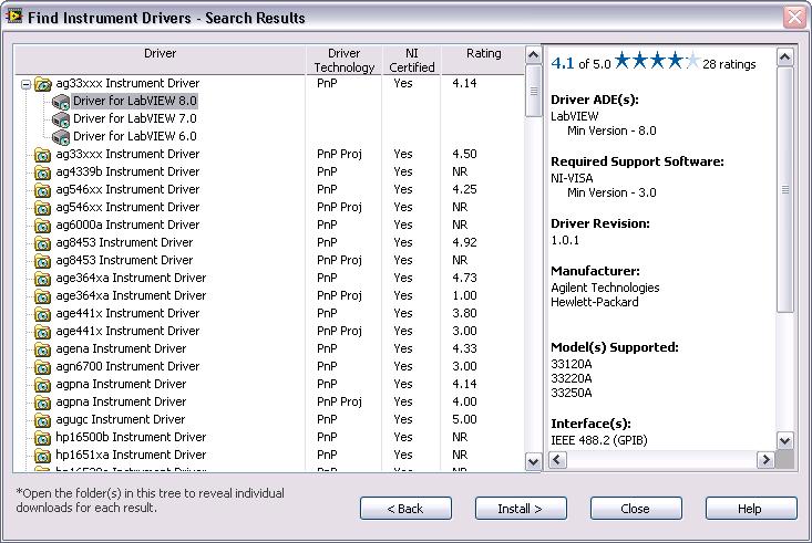 O Instrument Driver Finder conecta ao para encontrar os drivers de instrumento.