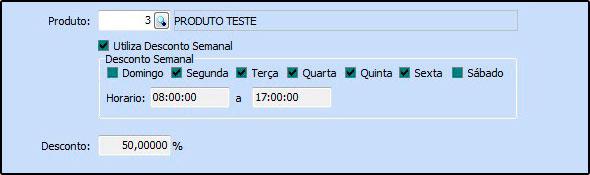 o usuário conceda uma porcentagem de desconto, caso necessário defina o horário e dia em que o sistema irá validar o desconto, conforme exemplo abaixo: Após definir as configurações clique em