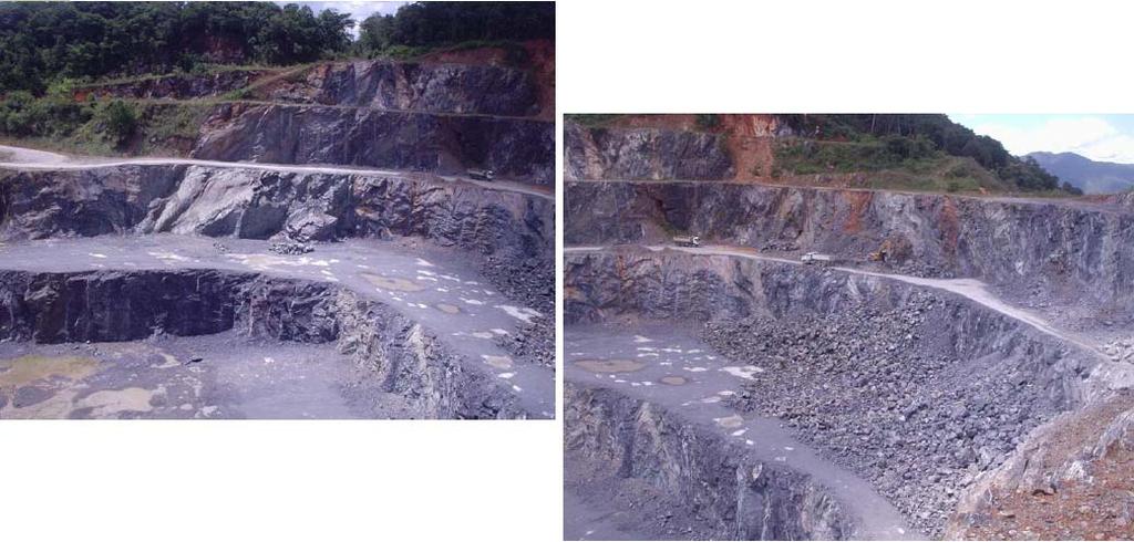 Figura 1: Áreas de extração da jazida de calcário da Mineração Rio do Ouro. Nos quadros 2 e 3 são apresentadas as composições químicas e a classificação dos calcários selecionados para o experimento.