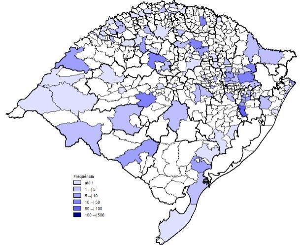 No Mapa 1, podemos visualizar os municípios onde ocorreram as notificações de malária, além do número absoluto de notificações.