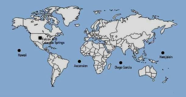 28 As estações de monitoramento, em Terra, estão localizadas em: Havaí, Ilha Ascensão no Atlântico Sul, Diego Garcia no Oceano Índico, Kwajalein no Atlântico Norte e Colorado Springs mostrados na