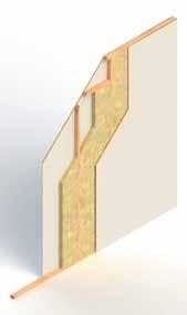 com parafusos para madeira (4 x 25 espaçamento de 300 mm entre eles) relativamente a parede com placas de metal Isolamento Rockwool (RockSono Base 210): 40 mm 35 kg/m 3 Subestrutura: placas de metal