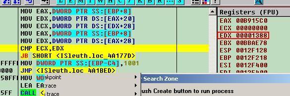 3 Coloque um breakpoint na comparação (linha 004A176A), vá ao software e tente novamente criar uma zona com mais de 5000 arquivos.