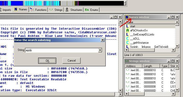 6.1 Volte ao IDA e busque novamente por uma string na janela Names. Clique na janela Names e pressione ALT+T para usar a busca.