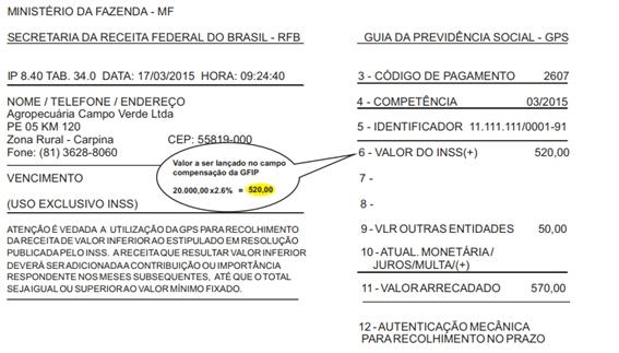 NOTA: Na receita de exportação direta só há incidência de recolhimento para o SENAR, neste caso o contribuinte deverá lançar no campo compensação o valor correspondente a Contribuição Previdenciária