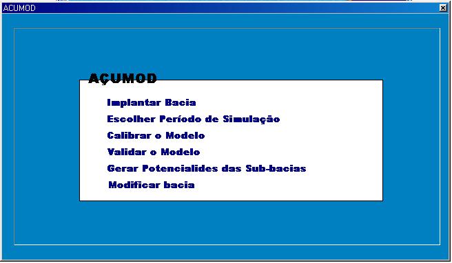 3), seleciona-se a opção do módulo Implantar Bacia na tela inicial do Açumod (Figura 5.4). Figura 5.3 Tela inicial do AÇUMOD. Figura 5.4 Tela dos módulos do AÇUMOD.