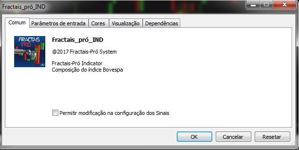 3.1 Inserindo o Indicador Fractais Pró IND para modo Operacional Para inserir o indicador, clicar em parâmetros de entrada, onde será apresentada uma aba com a opção de escolha da