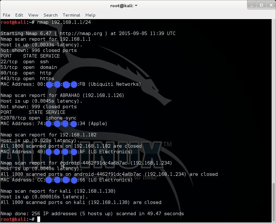 Fig. 04 saída do comando nmap Na varredura realizada foram encontrados 5 hosts up, isto é, 5 dispositivos que estão conectados na minha redes.