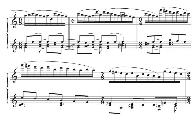 Figura 1: Tema e parte da transição, compassos 1-14, terceiro movimento da Sonatina n.1 de Almeida Prado. Figura 2: coleções de classes de alturas e modos, compassos.