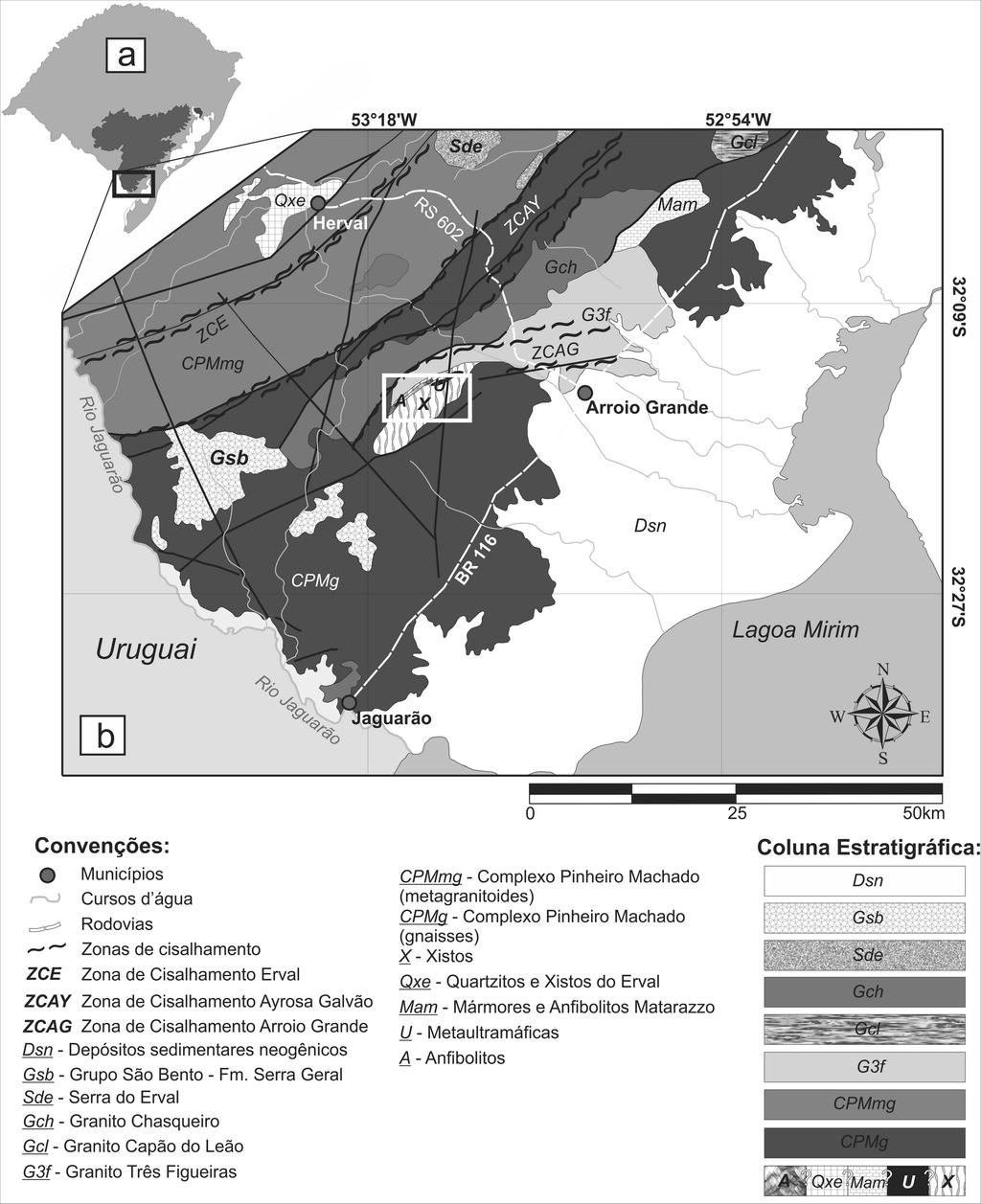 Pesquisas em Geociências, 41 (1): 25-38, jan./abr. 2014 oriental, onde se desenvolveu este trabalho, é também conhecida como Batólito Pelotas, termo definido por Fragoso César et al.