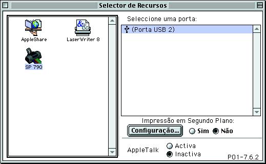 Seleccionar a impressora no Selector de recursos Depois de instalar o software da impressora no Macintosh, necessita de abrir o Selector de recursos e seleccionar a impressora.
