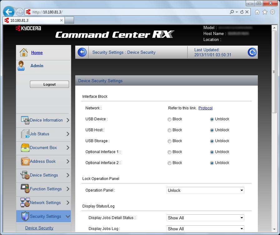 Instalar e configurar a máquina > Command Center RX 2 Configure as definições de segurança.