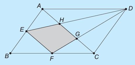 16. O paralelogramo ABCD tem área 24 cm² e os pontos E e F são os pontos médios dos lados AB e