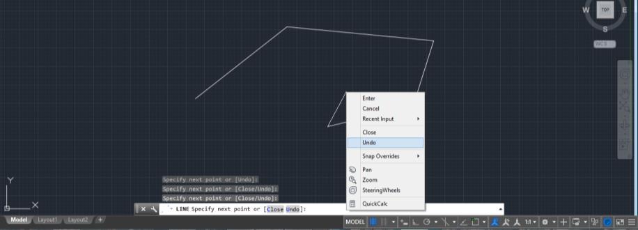 Comando Line Para desfazer um segmento basta digitar u (abreviação de Undo) na linha de comando ou clicar com o botão direito e escolher a opção undo.