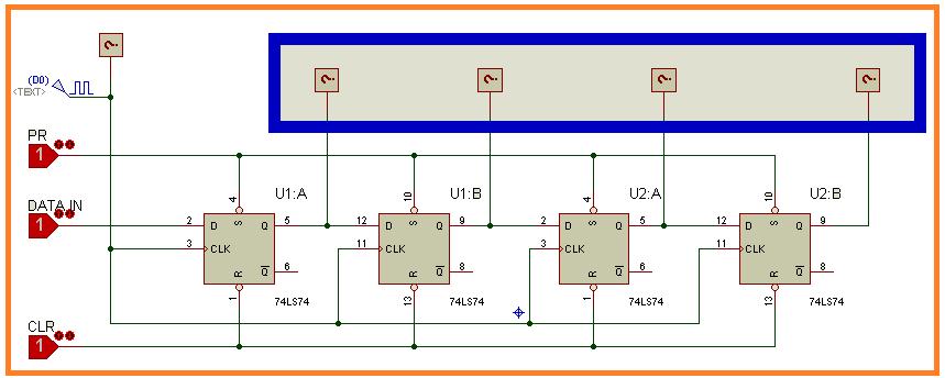 Análise de um registrador de deslocamento com entrada série e saída paralela, abreviadamente: ES-SP Observa-se em relação ao circuito anterior, que a única diferença está na obtenção/disponibilização