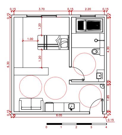 6.8.4 Planta Apartamento Tipo Individual Essa tipologia de apartamentos com 38,10m² está presente no bloco B, nos pavimentos 2,3 e 4, sendo um apartamento para apenas um idoso, com a possibilidade de