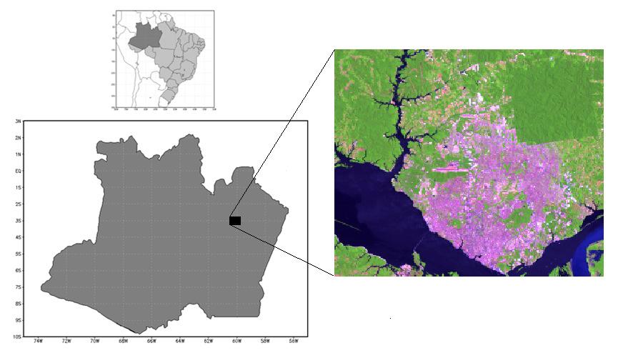 Figura 1. Localização da área de estudo, com destaque para a cidade de Manaus e a Reserva Florestal Adolfo Ducke (RFAD).