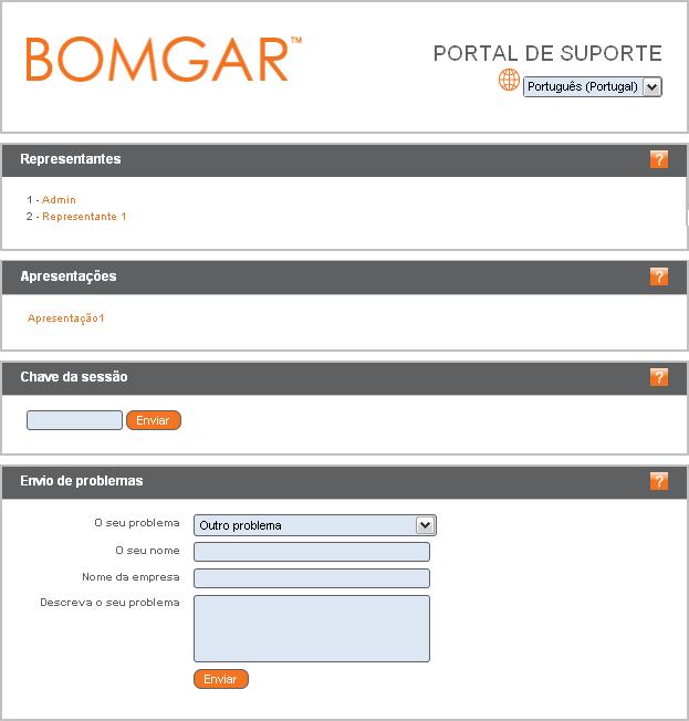 O que o seu cliente vê Site público O site público é o portal de suporte da sua Bomgar Box, onde os seus clientes podem solicitar uma sessão de suporte ou participar numa apresentação.
