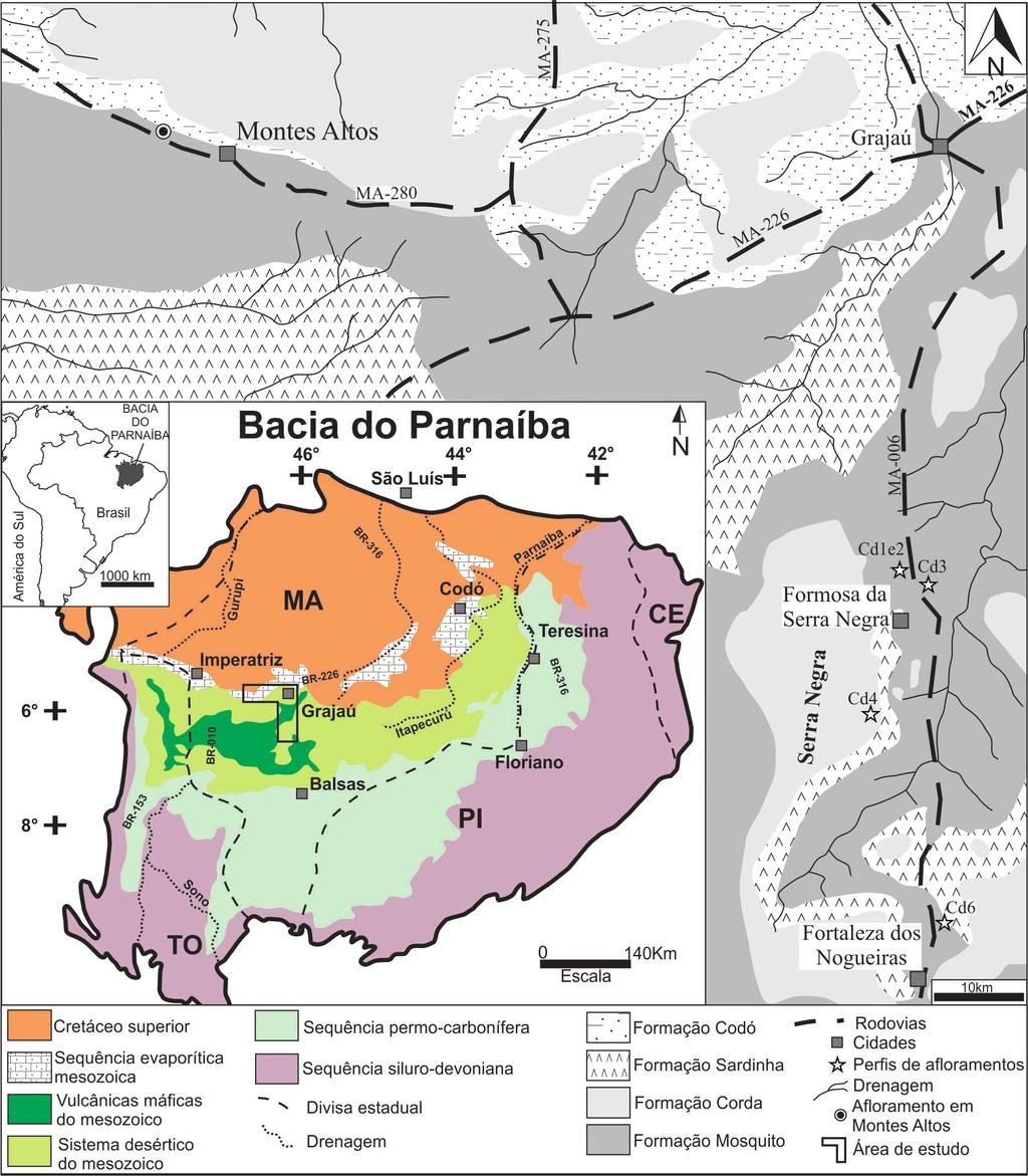 O deserto úmido da Bacia do Parnaíba Figura 1. Mapa de localização e geológico simplificado da área de estudo situado na Bacia do Parnaíba. Modificado de CPRM (1994) 