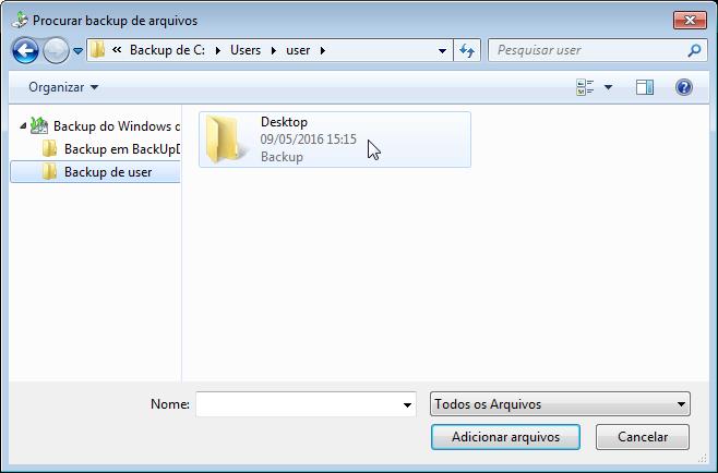 d. A janela Procurar backup de arquivos será aberta. Clique no backup do usuário atual. Neste exemplo, o usuário é John. Portanto, o nome da pasta é Backup de John.